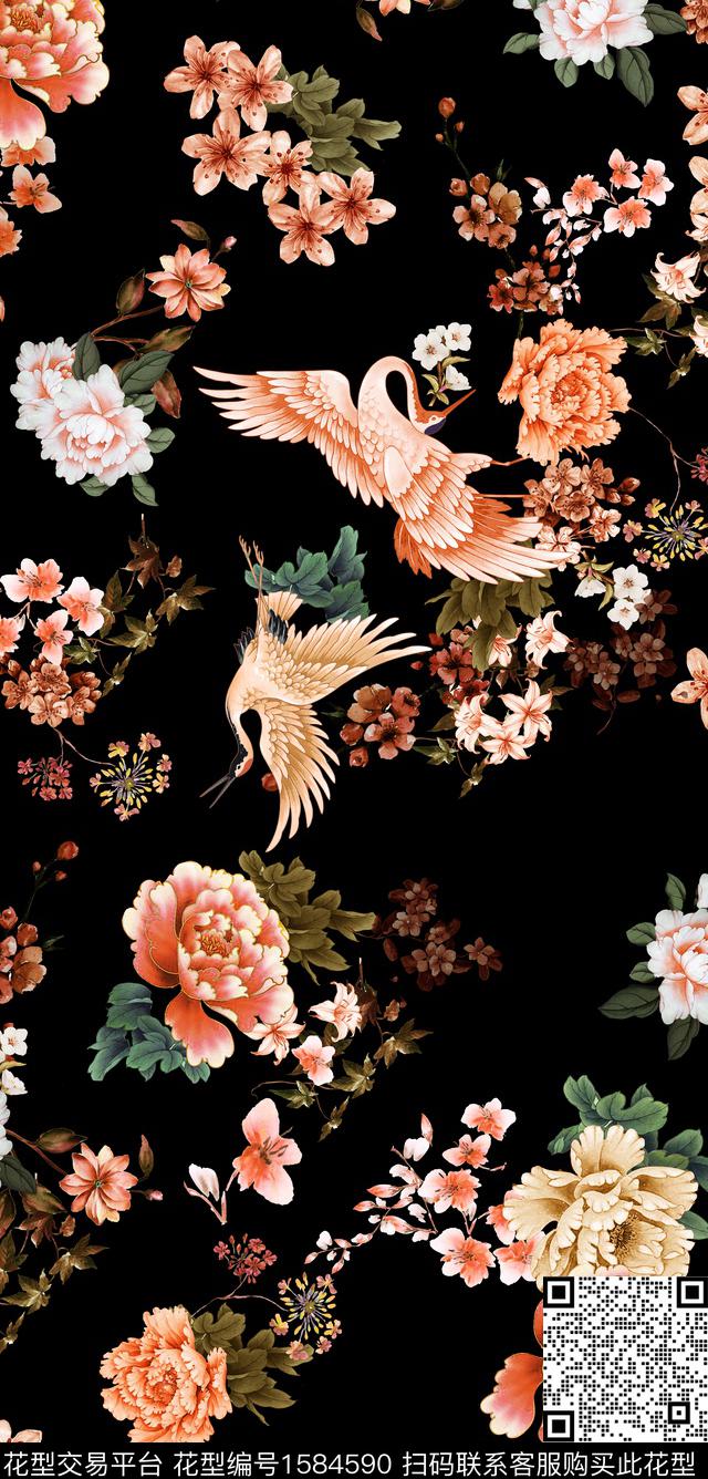 鸟花卉牡丹数码印花华亿平台下载（图片编号: 1584590） - 瓦栏（Walan）