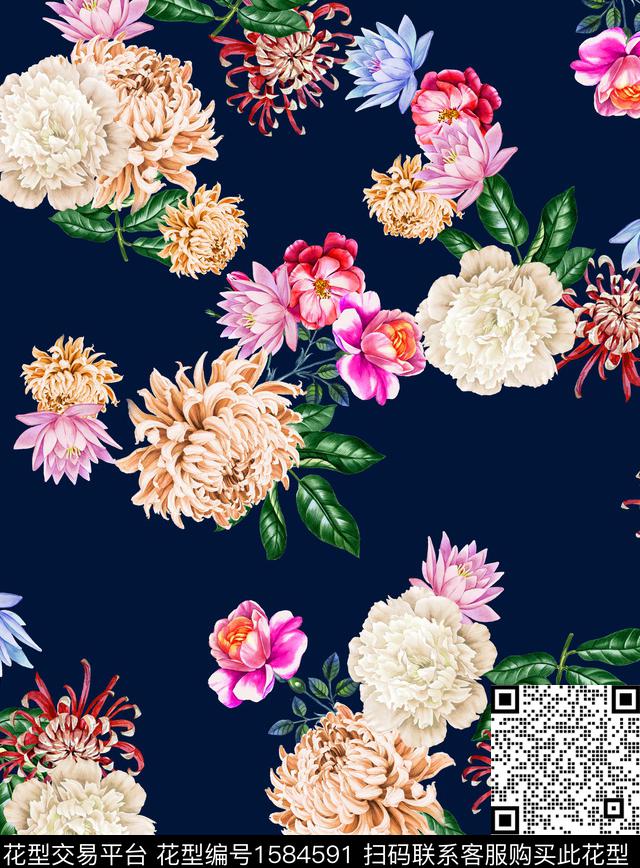 菊花花卉老蓝底数码印花华亿平台下载（图片编号: 1584591） - 瓦栏（Walan）