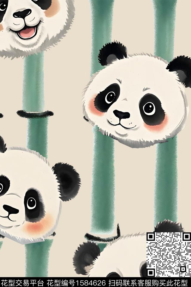 植物熊猫水墨风数码印花华亿平台下载（图片编号: 1584626） - 瓦栏（Walan）