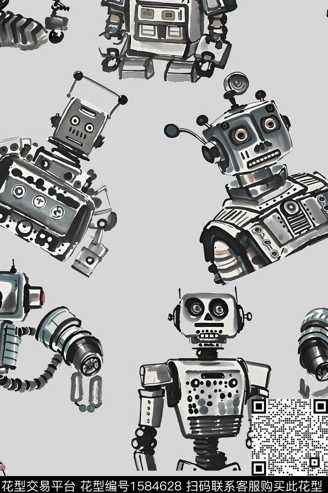 机器人水墨风卡通数码印花华亿平台下载（图片编号: 1584628） - 瓦栏（Walan）