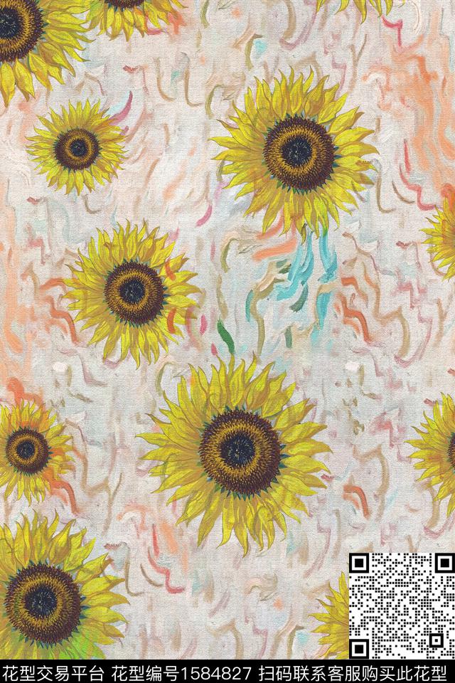 向日葵底纹花卉数码印花华亿平台下载（图片编号: 1584827） - 瓦栏（Walan）