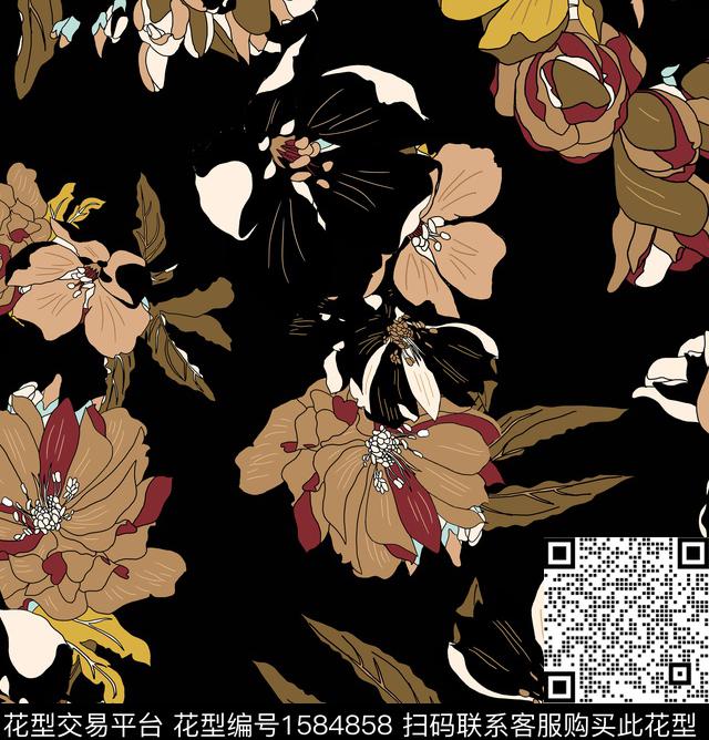 花卉抽象花卉黑底花卉传统印花华亿平台下载（图片编号: 1584858） - 瓦栏（Walan）