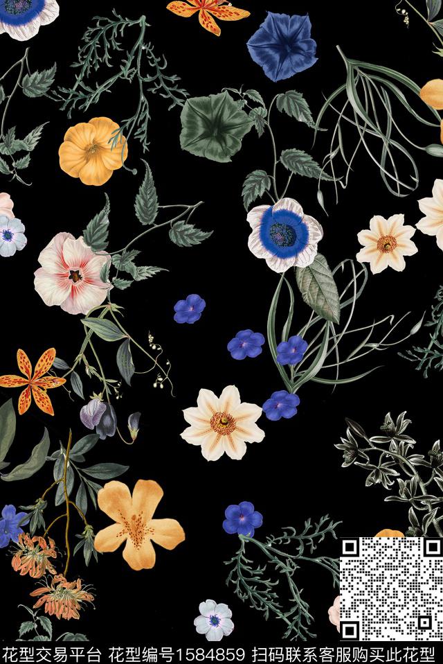 花卉满版散花复古数码印花华亿平台下载（图片编号: 1584859） - 瓦栏（Walan）