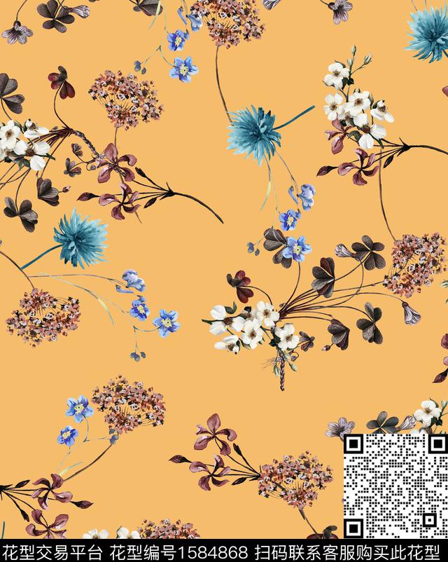 花卉水彩复古数码印花华亿平台下载（图片编号: 1584868） - 瓦栏（Walan）