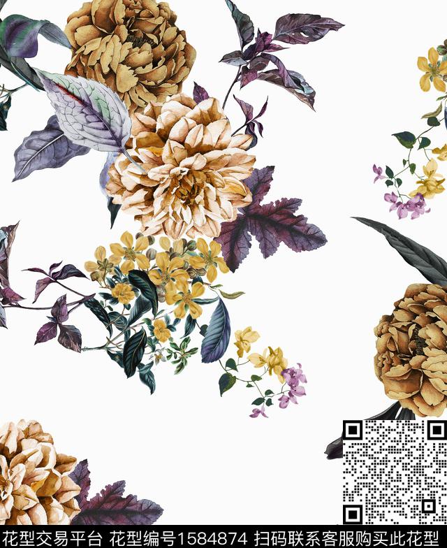 花卉复古白底花数码印花华亿平台下载（图片编号: 1584874） - 瓦栏（Walan）