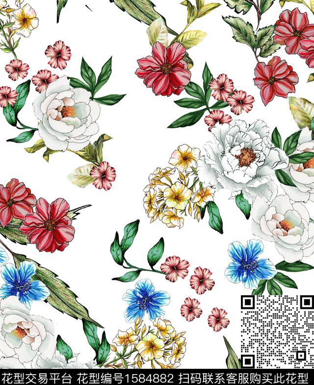 花卉水彩花卉白底花数码印花华亿平台下载（图片编号: 1584882） - 瓦栏（Walan）