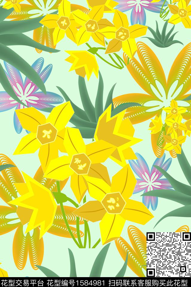植物花卉抽象花卉数码印花华亿平台下载（图片编号: 1584981） - 瓦栏（Walan）
