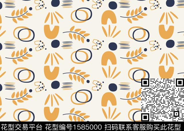 植物趣味几何传统印花华亿平台下载（图片编号: 1585000） - 瓦栏（Walan）