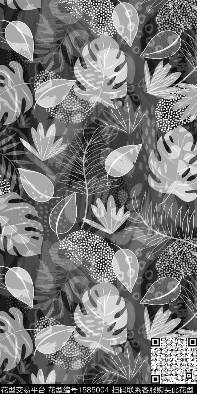 黑白华亿平台热带叶子数码印花华亿平台下载（图片编号: 1585004） - 瓦栏（Walan）