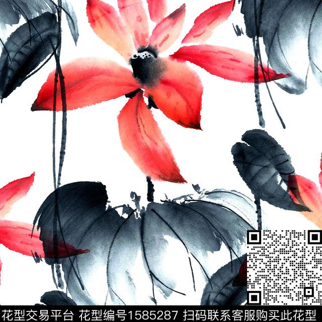 中国风手绘大花水墨风数码印花华亿平台下载（图片编号: 1585287） - 瓦栏（Walan）