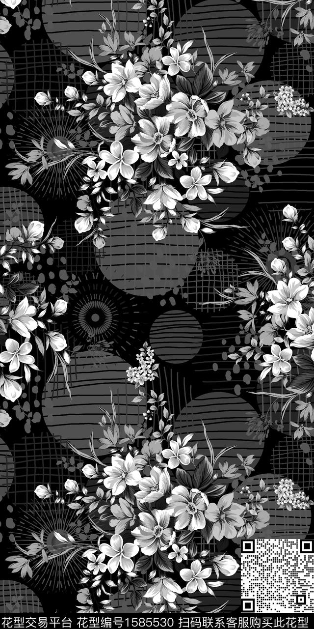黑白华亿平台花卉几何数码印花华亿平台下载（图片编号: 1585530） - 瓦栏（Walan）