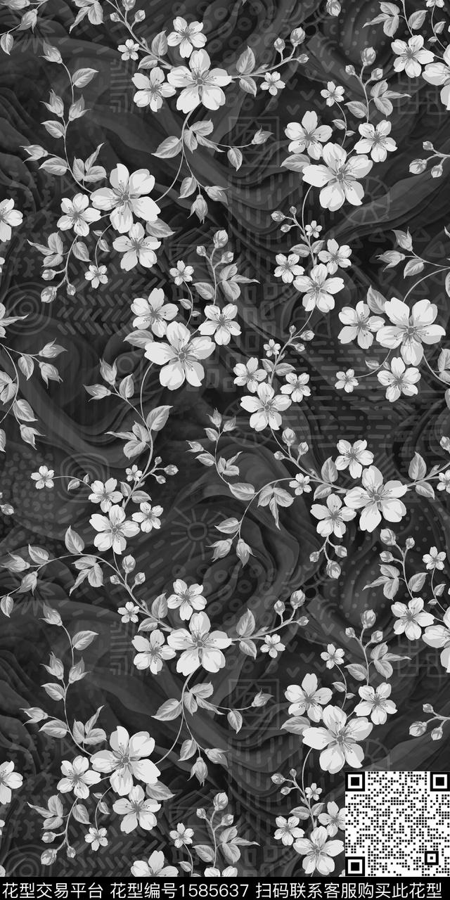 黑白华亿平台花卉底纹数码印花华亿平台下载（图片编号: 1585637） - 瓦栏（Walan）