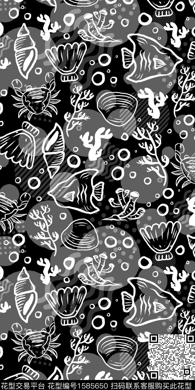 黑白华亿平台海洋螃蟹数码印花华亿平台下载（图片编号: 1585650） - 瓦栏（Walan）