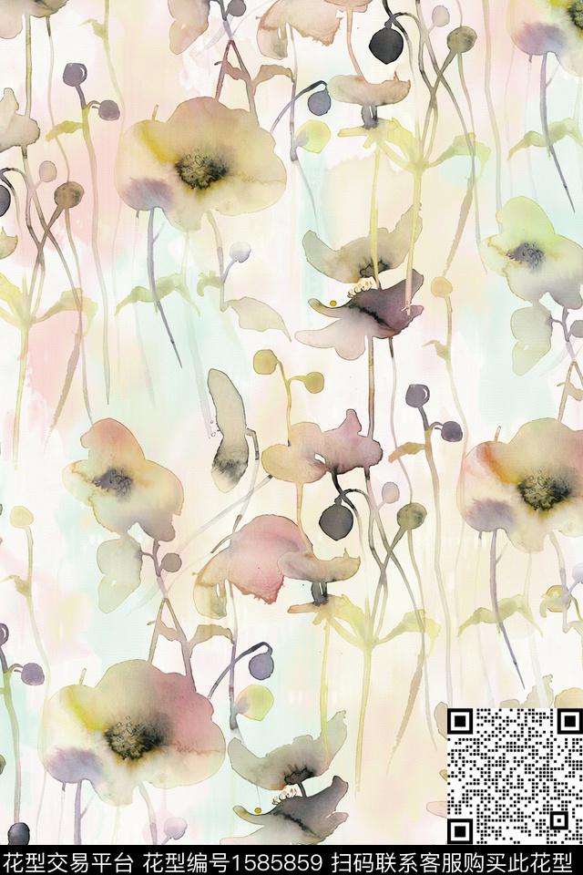 水彩花卉花卉数码印花华亿平台下载（图片编号: 1585859） - 瓦栏（Walan）