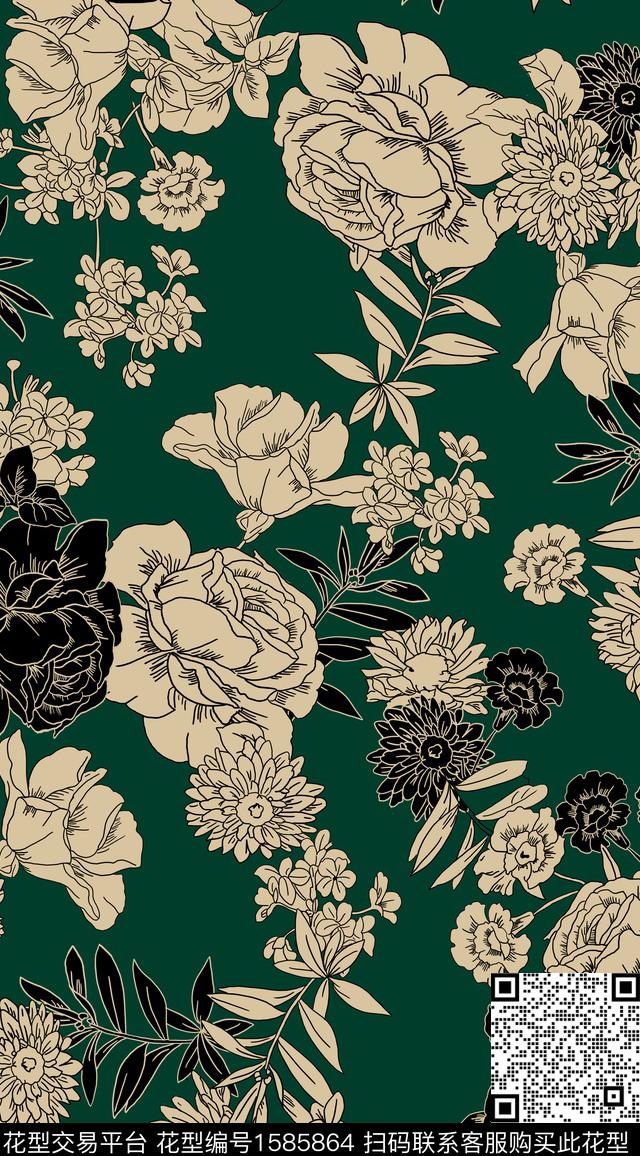 花卉线条花卉墨绿底传统印花华亿平台下载（图片编号: 1585864） - 瓦栏（Walan）