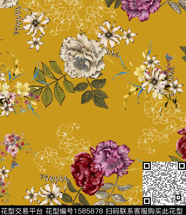 花卉线条花卉土黄底数码印花华亿平台下载（图片编号: 1585878） - 瓦栏（Walan）