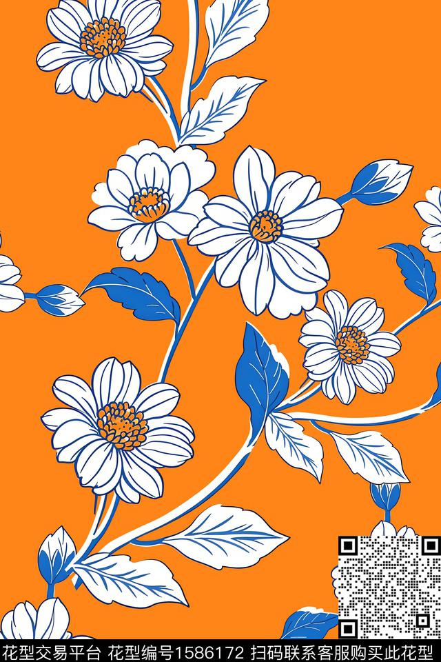 清爽底花卉大花枝条花数码印花华亿平台下载（图片编号: 1586172） - 瓦栏（Walan）