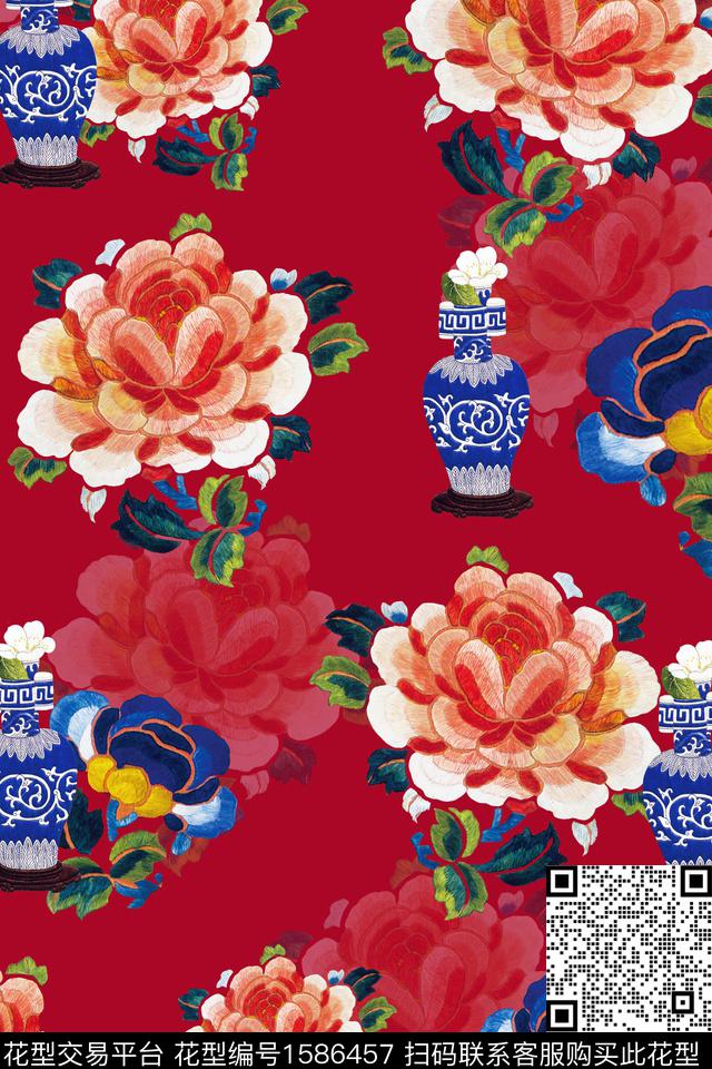 绣花华亿平台花卉青花瓷数码印花华亿平台下载（图片编号: 1586457） - 瓦栏（Walan）