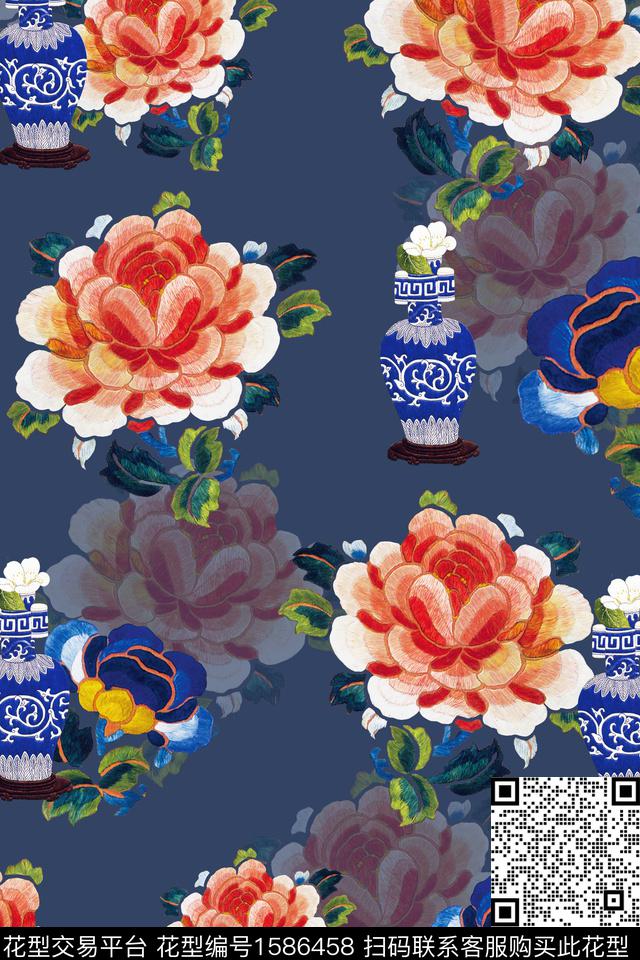 绣花华亿平台花卉青花瓷数码印花华亿平台下载（图片编号: 1586458） - 瓦栏（Walan）