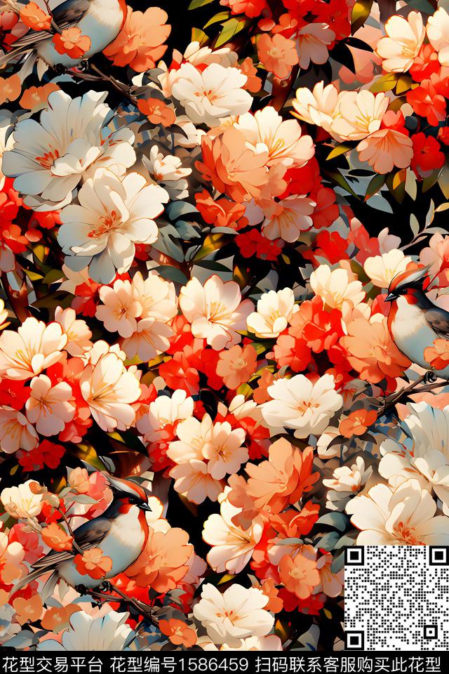 黑底花卉满版散花鸟数码印花华亿平台下载（图片编号: 1586459） - 瓦栏（Walan）