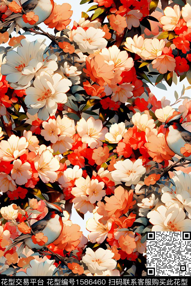 黑底花卉满版散花田园数码印花华亿平台下载（图片编号: 1586460） - 瓦栏（Walan）