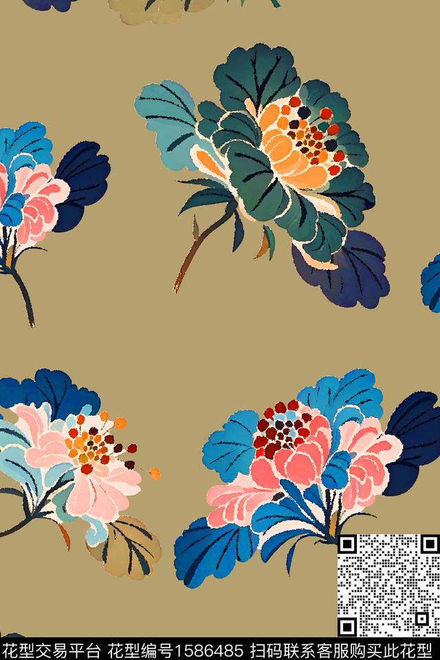 花卉大花中国风数码印花华亿平台下载（图片编号: 1586485） - 瓦栏（Walan）