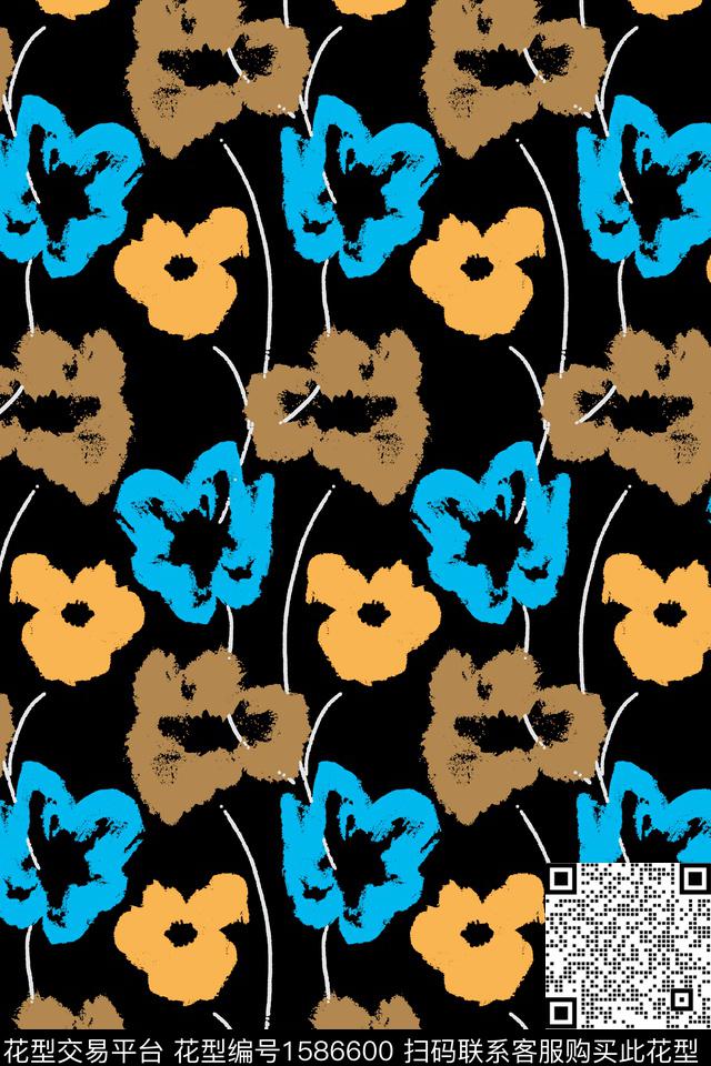 花卉抽象花卉黑底花卉数码印花华亿平台下载（图片编号: 1586600） - 瓦栏（Walan）