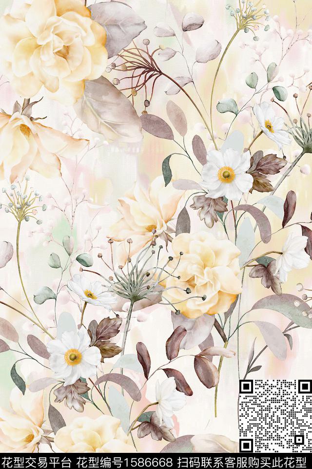 水彩花卉花卉数码印花华亿平台下载（图片编号: 1586668） - 瓦栏（Walan）