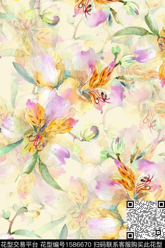 影花水彩花卉花卉数码印花华亿平台下载（图片编号: 1586670） - 瓦栏（Walan）