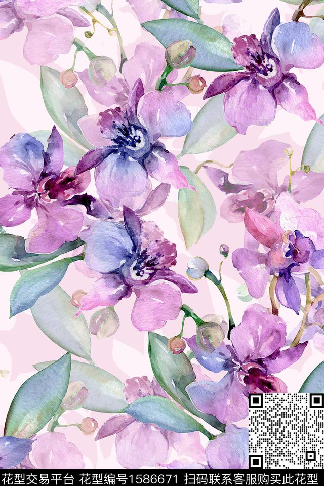 影花水彩花卉花卉数码印花华亿平台下载（图片编号: 1586671） - 瓦栏（Walan）