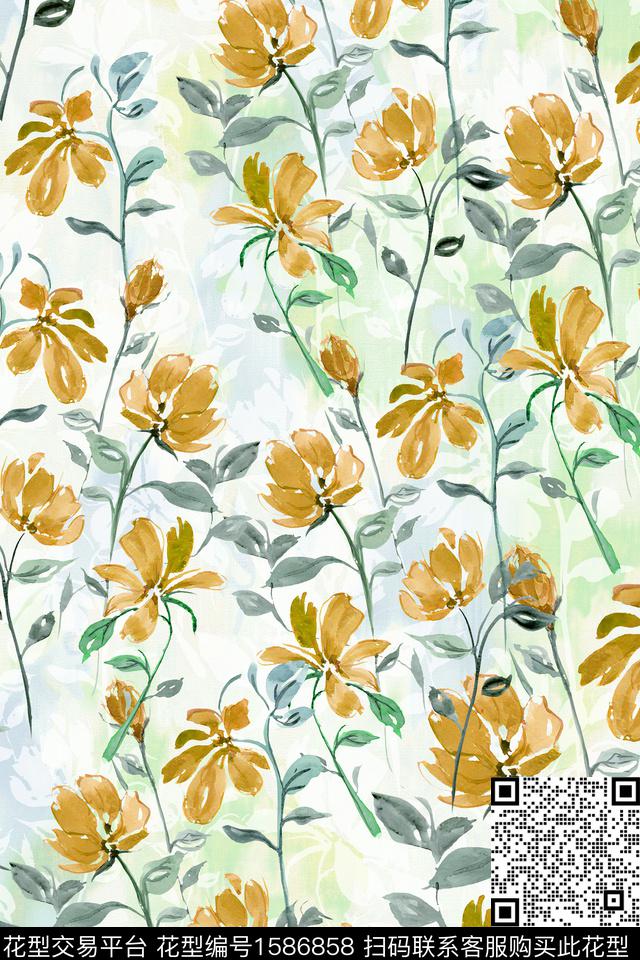 水彩花卉剪影满版散花数码印花华亿平台下载（图片编号: 1586858） - 瓦栏（Walan）