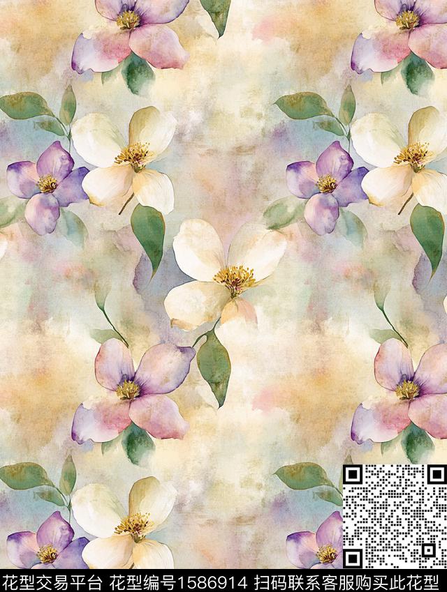 花卉水彩花卉底纹数码印花华亿平台下载（图片编号: 1586914） - 瓦栏（Walan）