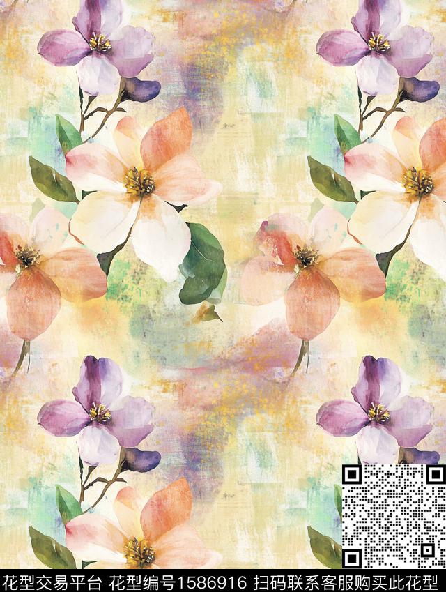 花卉水彩花卉底纹数码印花华亿平台下载（图片编号: 1586916） - 瓦栏（Walan）