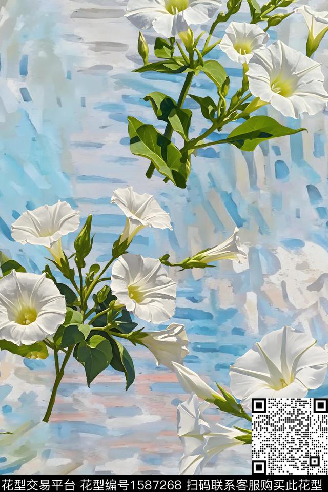 油画底纹手绘大花牵牛花数码印花华亿平台下载（图片编号: 1587268） - 瓦栏（Walan）