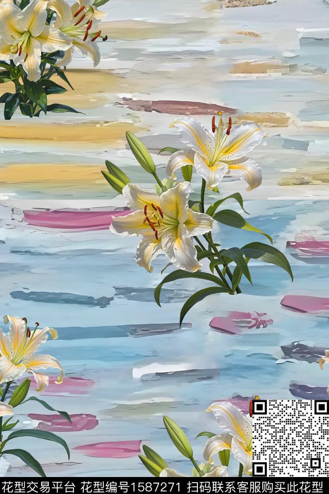 油画底纹手绘花卉百合数码印花华亿平台下载（图片编号: 1587271） - 瓦栏（Walan）