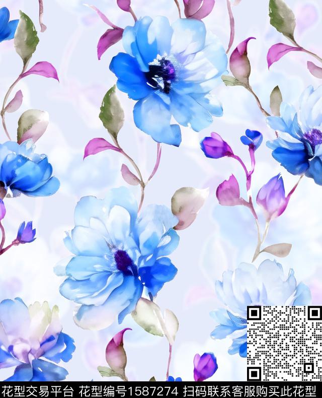 花卉大牌风手绘数码印花华亿平台下载（图片编号: 1587274） - 瓦栏（Walan）