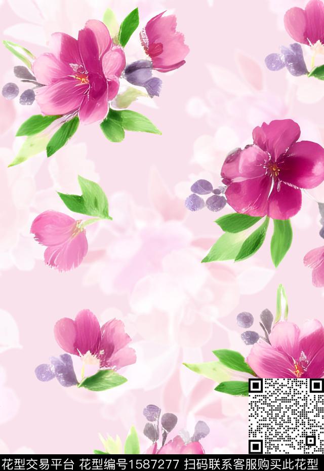 花卉大牌风手绘数码印花华亿平台下载（图片编号: 1587277） - 瓦栏（Walan）