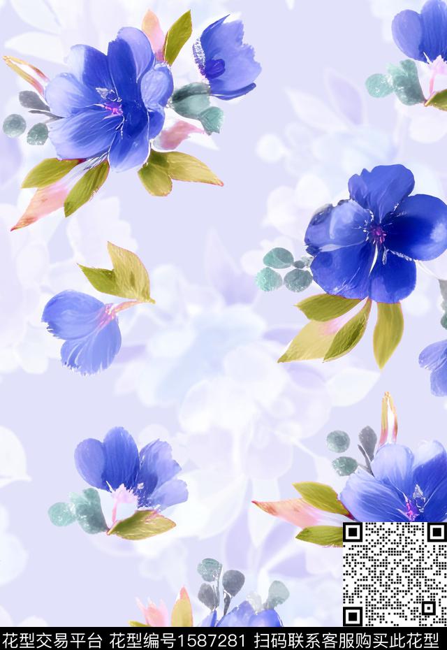 花卉大牌风手绘数码印花华亿平台下载（图片编号: 1587281） - 瓦栏（Walan）