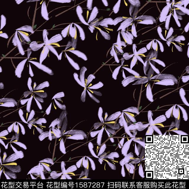 黑底花卉花卉小碎花数码印花华亿平台下载（图片编号: 1587287） - 瓦栏（Walan）