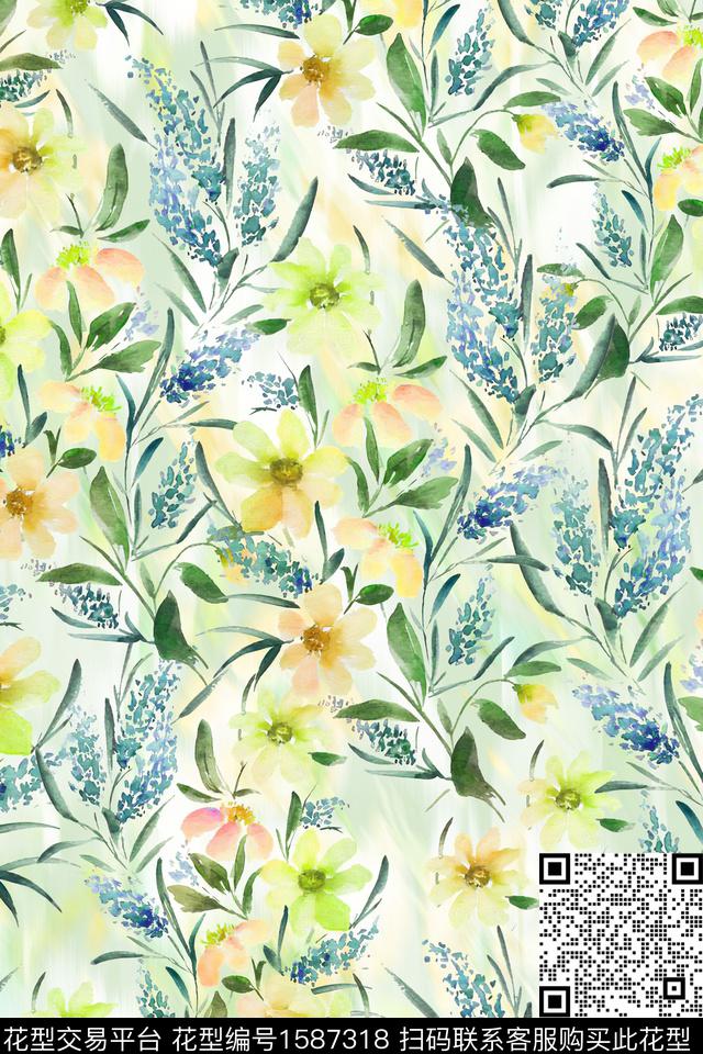 水彩花卉花卉满版散花数码印花华亿平台下载（图片编号: 1587318） - 瓦栏（Walan）