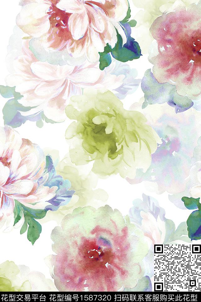 水彩花卉花卉大花数码印花华亿平台下载（图片编号: 1587320） - 瓦栏（Walan）