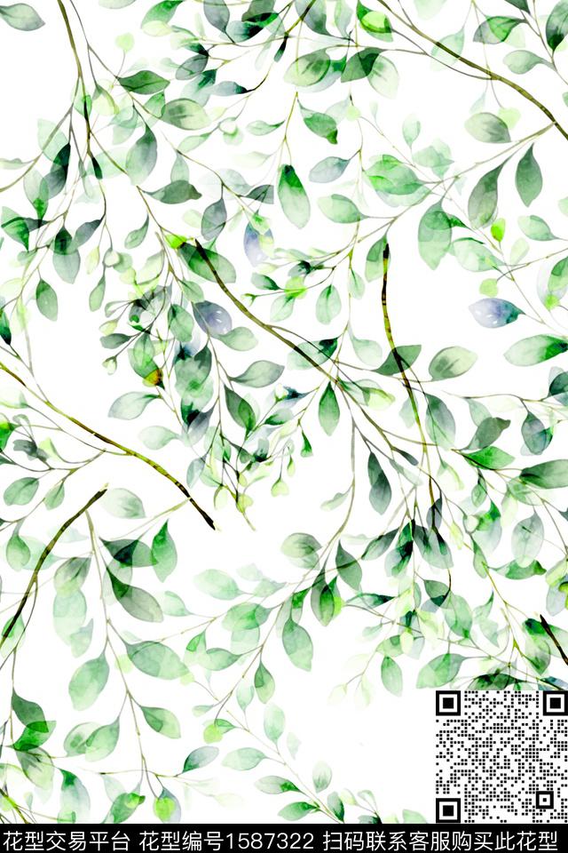 小清新水彩叶子数码印花华亿平台下载（图片编号: 1587322） - 瓦栏（Walan）
