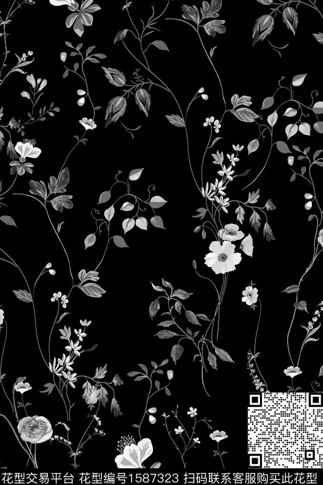 黑底花卉黑白花卉数码印花华亿平台下载（图片编号: 1587323） - 瓦栏（Walan）