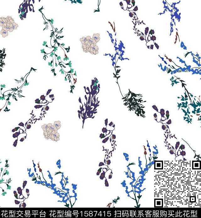 花卉抽象花卉白底花传统印花华亿平台下载（图片编号: 1587415） - 瓦栏（Walan）
