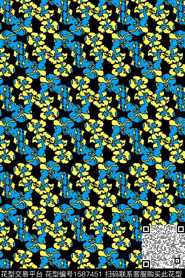 花卉小碎花黑底花卉传统印花华亿平台下载（图片编号: 1587451） - 瓦栏（Walan）