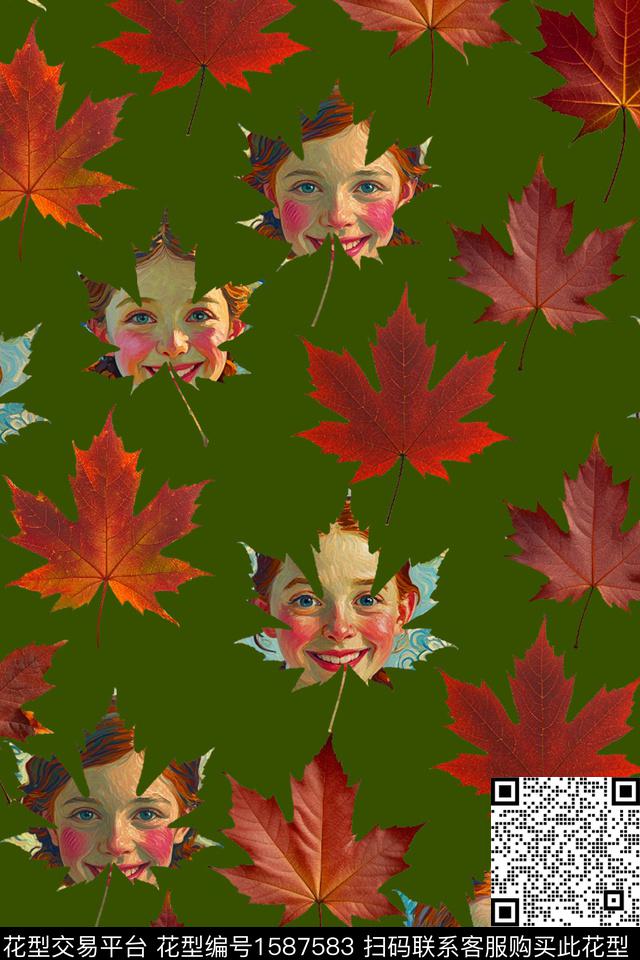 枫叶油画女孩数码印花华亿平台下载（图片编号: 1587583） - 瓦栏（Walan）