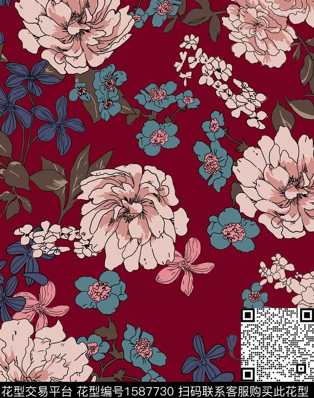 花卉手绘酒红底传统印花华亿平台下载（图片编号: 1587730） - 瓦栏（Walan）