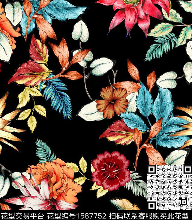 花卉复古黑底花卉数码印花华亿平台下载（图片编号: 1587752） - 瓦栏（Walan）