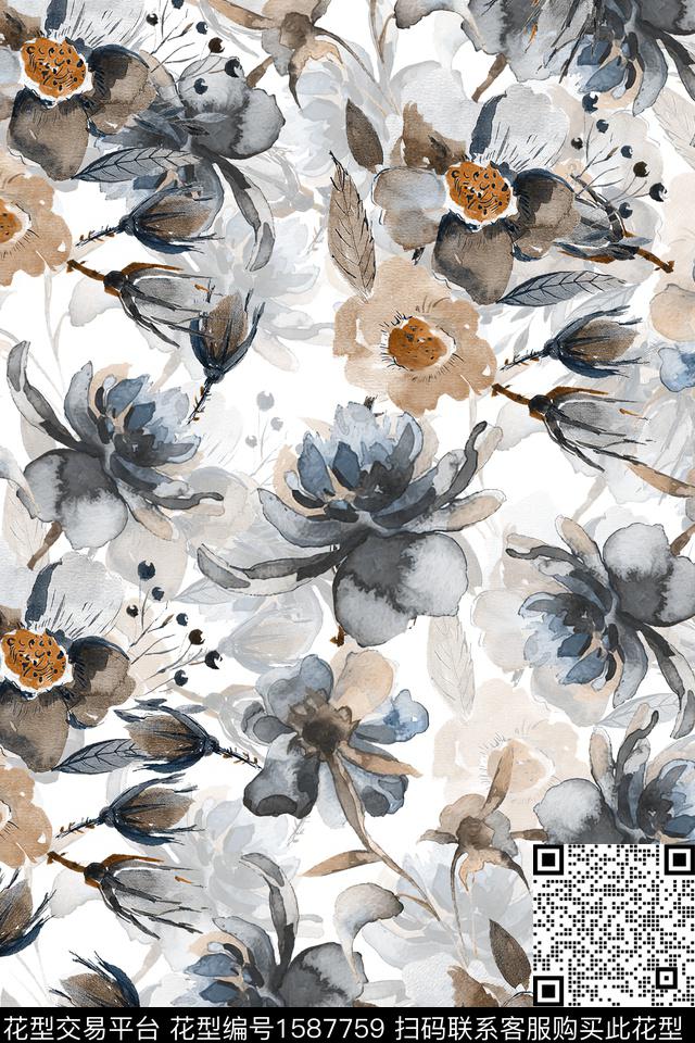 水彩花卉水墨风花卉数码印花华亿平台下载（图片编号: 1587759） - 瓦栏（Walan）