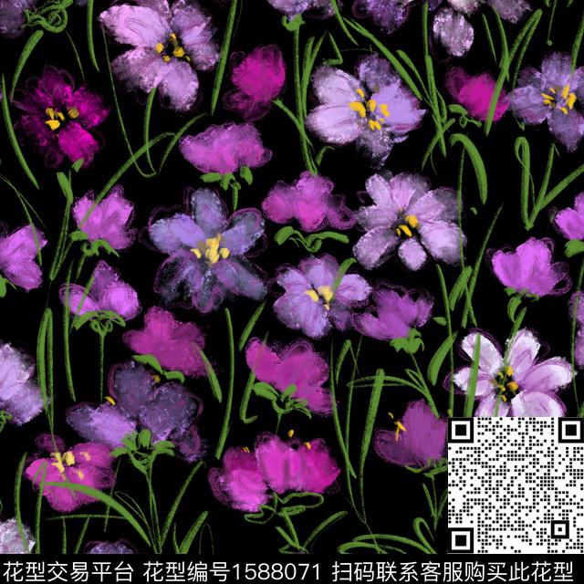 花卉小碎花黑底花卉数码印花华亿平台下载（图片编号: 1588071） - 瓦栏（Walan）